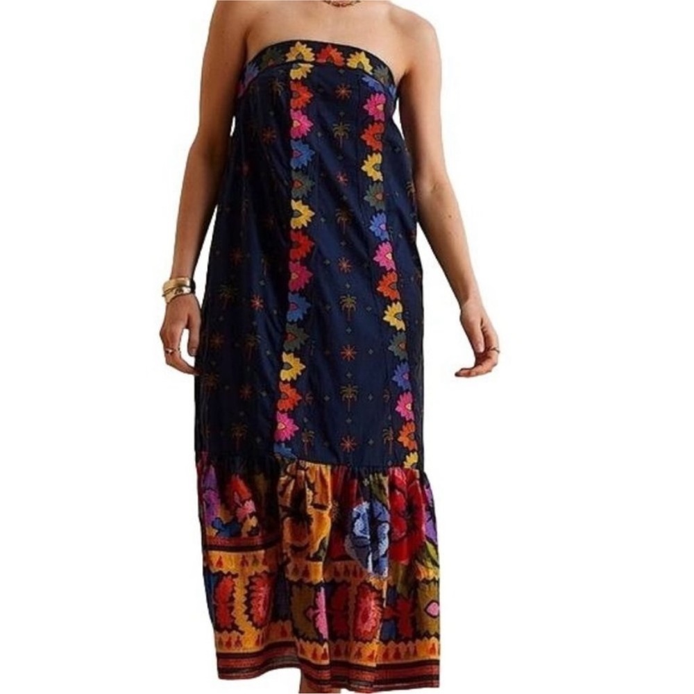 Farm Rio Anthropologie Maxi Dress Floral Embroidered Strapless Black Medium NWT